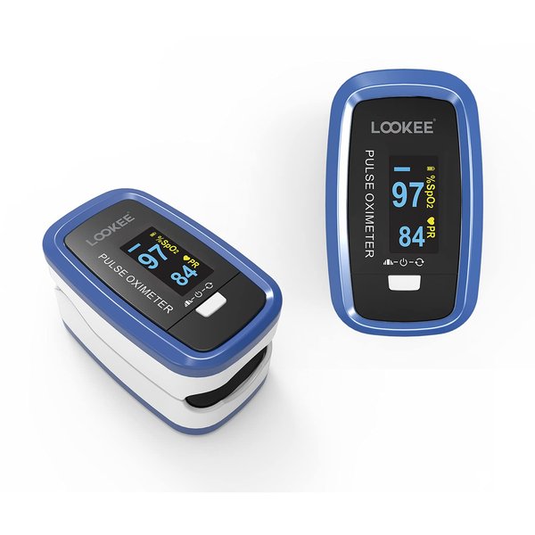 LOOKEE LK50D1A Deluxe Fingertip Pulse Oximeter | Finger SpO2 Blood Oxygen Saturation Monitor with Auto Rotate OLED Display Plethysmograph Waveform & Pulse Graph | Batteries Included - FSA/HSA Eligible