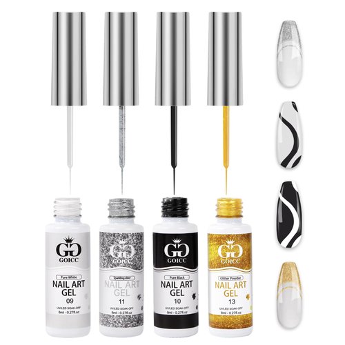 Nail Art Polish Set Gel Liner Nail Art Kit For Nail Design Polish Gel Art Paint For Nail 4 Colors Black White Gel Nail Polish Soak off Curing Requires 8ml with Thin Nail Art Brush (B4)