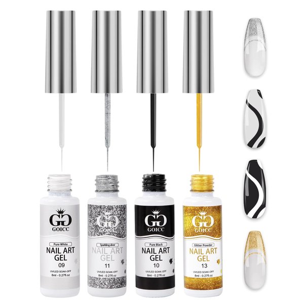 Nail Art Polish Set Gel Liner Nail Art Kit For Nail Design Polish Gel Art Paint For Nail 4 Colors Black White Gel Nail Polish Soak off Curing Requires 8ml with Thin Nail Art Brush (B4)