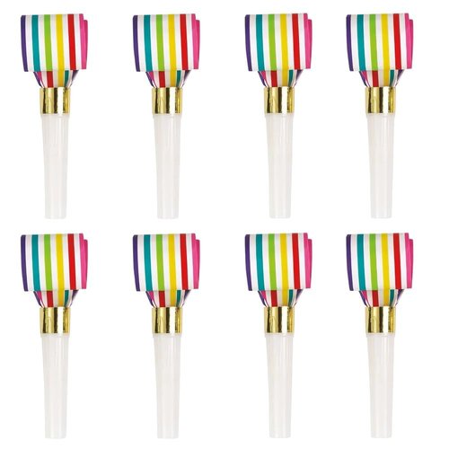 Unique Vibrant Rainbow Stripe Squawker Blowouts, 8 Count, Eco-Friendly Paper Celebration Noise Makers - Perfect For Birthday Parties & Events