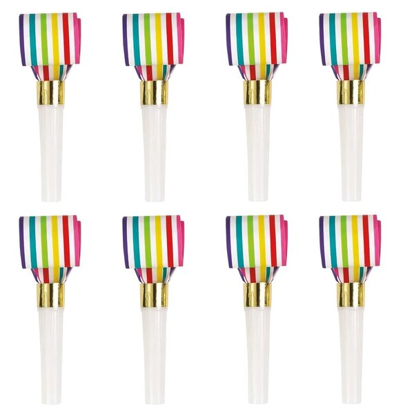 Unique Vibrant Rainbow Stripe Squawker Blowouts, 8 Count, Eco-Friendly Paper Celebration Noise Makers - Perfect For Birthday Parties & Events