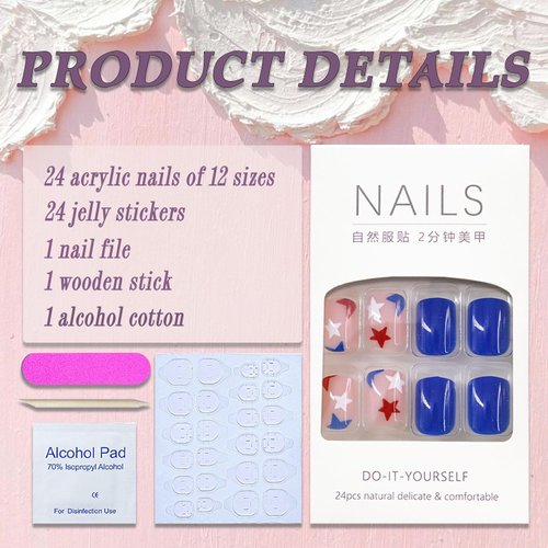 4th of July Press on Nails Short Square Fake Nails Blue Full Cover Red White Blue Star False Nails with Designs Glossy Glue on Nails Acrylic Nails Tricolor Manicure Artificial Nails for Women Girls