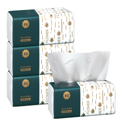 Pack of 4, Small Facial Tissue, Toilet Paper -Bag Cover, Disposable Napkin, Material Native Wood Pulp Fiber NOT COTTON, White Facial Paper, 4-Ply, 400 Sheets per Pack