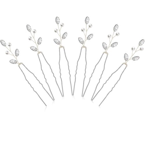 6 Pieces Pearl Crystal Bridal Hair Pins Rhinestone Flower Wedding Hair Piece Vintage Hair Accessory Party Hair Pins for Bride, Bridesmaids, Flower Girls (Silver)