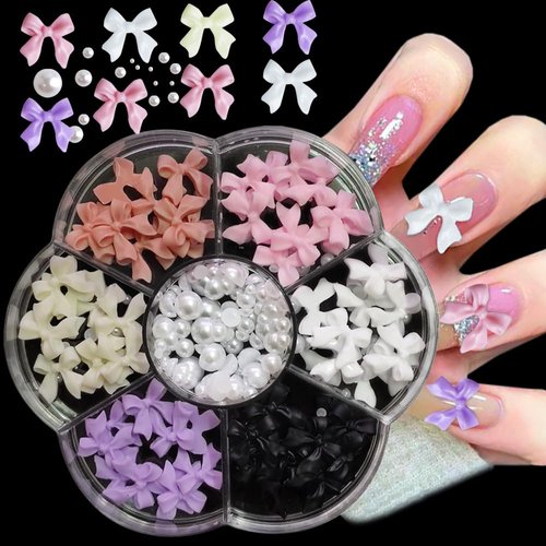 3D Bow Nail Charms, 6 Colors 3D Acrylic Colorful Bow-Knot Nail Art Rhinestones Pink White Black Purple Bow Nail Stud Acrylic Nail Supplies with Pearls Manicure DIY Nail Decorations