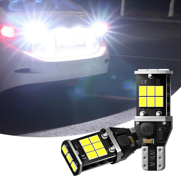 Flygun 2 PCS T15 Car LED Brake Light, 2835-15SMD High Brightness Flash Decoding Reversing Light, Automotive Energy-saving 360° Lighting Accessories, Suitable for Most Car Models (White)