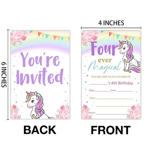 Qlnuk Unicorn 4th Birthday Invitations Four Ever Magical Unicorn Girl Forth Birthday Invites With Envelopes Set of 20