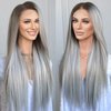 K'ryssma 13x6 Lace Front Wig Highlight Ash Blonde Grey Synthetic Lace Front Wigs Pre Plucked for Women Glueless Long Bone Straight Ombre Cyan Gray 13x6 Lace Frontal Wig 24 Inches
