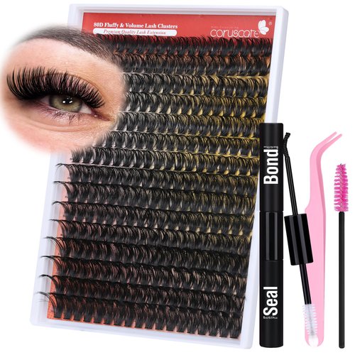 Lash Clusters Kit 80D Lash Extension Kit 12-18 mm Thick Cluster Eyelash Extensions Long Lash Clusters D Curl Soft Individual Lashes DIY at Home with Lash Bond and Seal Lash Tweezers by CORUSCATE
