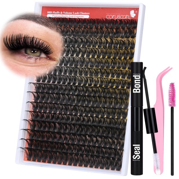 Lash Clusters Kit 80D Lash Extension Kit 12-18 mm Thick Cluster Eyelash Extensions Long Lash Clusters D Curl Soft Individual Lashes DIY at Home with Lash Bond and Seal Lash Tweezers by CORUSCATE