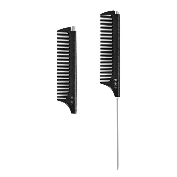 RHOS Carbon Retractable Rat Tail Comb for Parting, Portable Fine Tooth Teasing Comb for Styling, Hair Cutting, Braiding-Stainless Steel Pin Tail Teasing Comb, Black