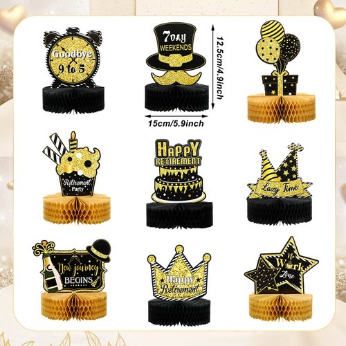9 Pieces Retirement Party Table Honeycomb Retirement Honeycomb Centerpieces Retirement Party Decorations Glitter Table Toppers for Man and Women Happy Retirement Party Supplies, Adventure Begin