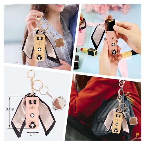 muchly 2Pcs lipstick case with mirror for purse,Lipstick Holder For Purse With Keychain,Girls Travel Leather Lipgloss Makeup Case for Lipstick Lip Gloss Cosmetics (Pink and Khaki)