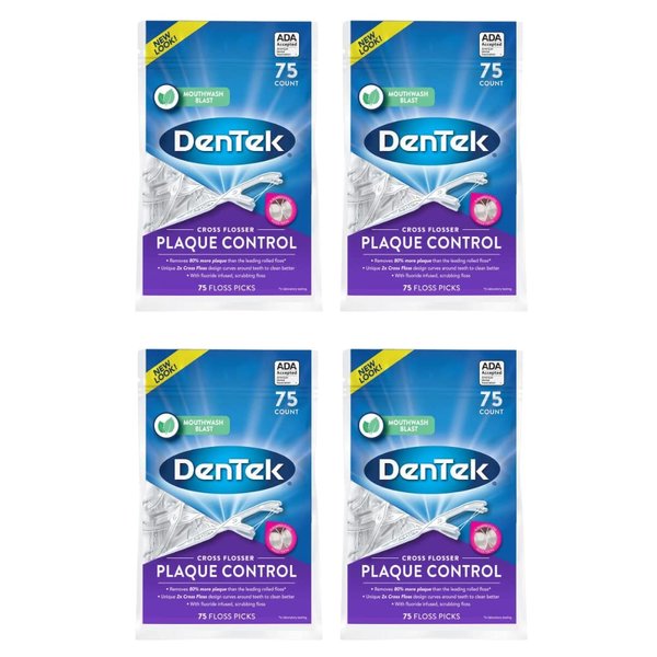 DenTek Cross Flosser Plaque Control Floss Picks, X-Shaped Floss, 75 Count, (Pack of 4)