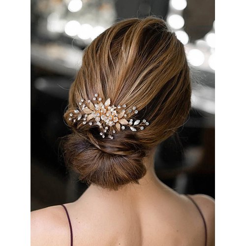 SWEETV Flower Bride Wedding Hair Comb Pearl Bridal Hair Accessories Crystal Hair Piece Jewelry Leaf Gold Headpiece Rhinestones Handmade Wedding Hair Accessories for Women and Girls