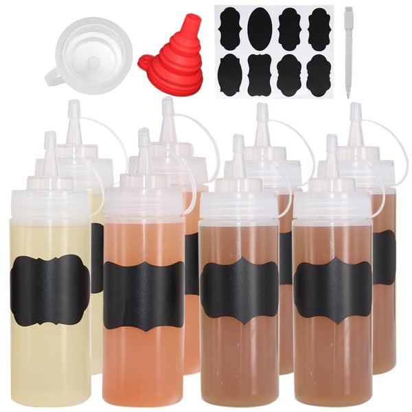 Belinlen 8 Pack 12 oz Plastic Squeeze Squirt Condiment Bottles with Twist On Cap Lids - Perfect for Condiments, Oil, Icing, Liquids–Set of 8 with extra 1 Silicone Funnel, 8 Chalk Labels and 1 Pen