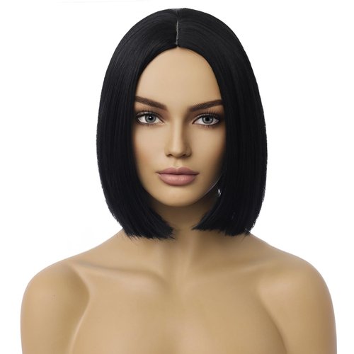 Ufindcos Black Wig Black Bob Wig Middle Part Short Straight Wig Black Hair Wigs for Women Girls Synthetic Heat Resistant Halloween Costume Party Wig with Wig Cap (Black, 10 Inches)