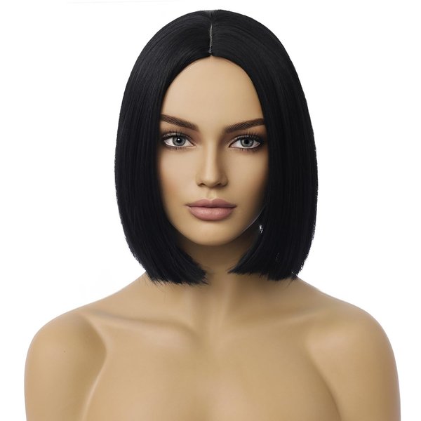Ufindcos Black Wig Black Bob Wig Middle Part Short Straight Wig Black Hair Wigs for Women Girls Synthetic Heat Resistant Halloween Costume Party Wig with Wig Cap (Black, 10 Inches)