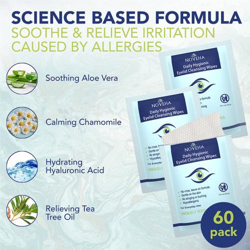NOVEHA 120Pcs Daily Hygienic Eyelid & Lash Wipes | 120 Individually Wrapped Cleansing Eyelash Wipes - For Blepharitis & Itchy Eyes, Demodex and Natural Makeup Remover & Daily Cleanser (2 Pack)