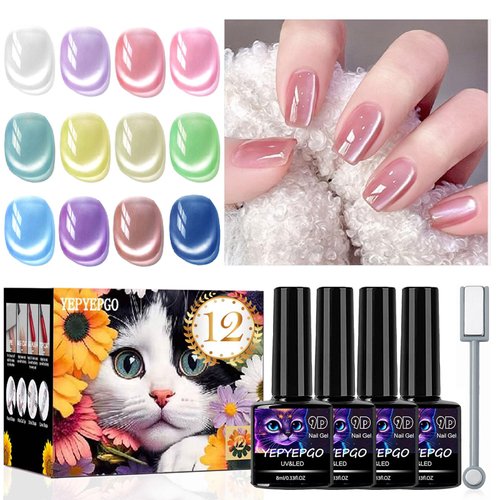 YEPYEPGO Cat Eye Gel Nail Polish Set 12 Colors, Moonlight Jelly Cats Gel Polish Kit with Magnet Stick, Ceramic Magnetic Cat Eyes Gel Crystal Sock Off Nail Art Manicure Gift Kit