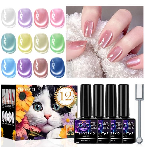 YEPYEPGO Cat Eye Gel Nail Polish Set 12 Colors, Moonlight Jelly Cats Gel Polish Kit with Magnet Stick, Ceramic Magnetic Cat Eyes Gel Crystal Sock Off Nail Art Manicure Gift Kit