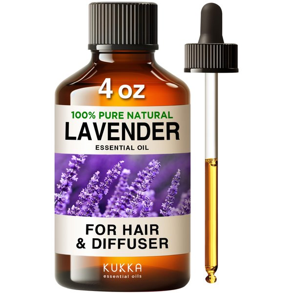 Kukka Lavender Essential Oil for Diffuser & Skin - Huge 4 Fl Oz - 100% Pure Natural Lavender Oil to Relax & Unwind - Experience Calming Relaxation for Hair, Body, Aromatherapy & DIY Soap Making Scent