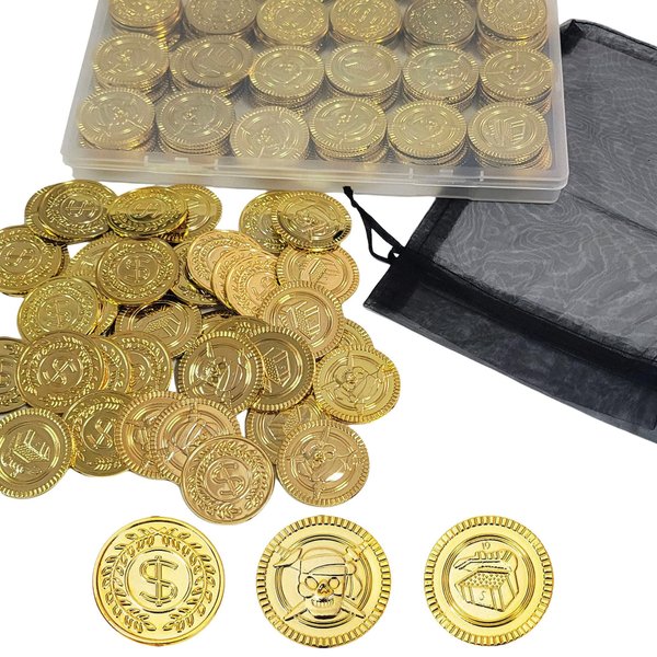 144 Pcs Fake Gold Coins - Plastic Pirate Gold Coins for Kids - Perfect for Pirate Themed Parties, Games, and Treasure Hunts(3 Pattern)