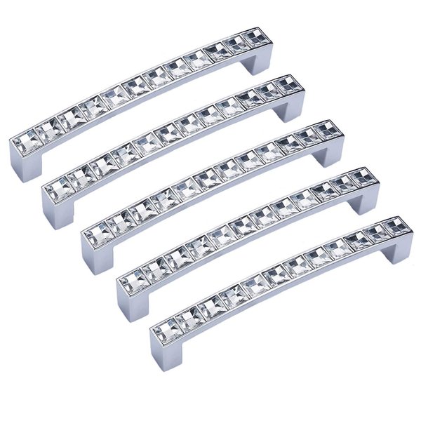 abcGoodefg Modern Decorated Crystal Glass Rhinestone Cabinet Handle Pulls Knobs, 5.3" Length (5" Hole Centers), Clear Silver, Zinc Alloy, 5-Pack