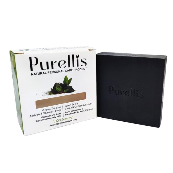 Purellis Green Tea and Activated Charcoal Soap Bar for Face and Body - Acne Treatment, Blackhead Remover - 4.93 oz