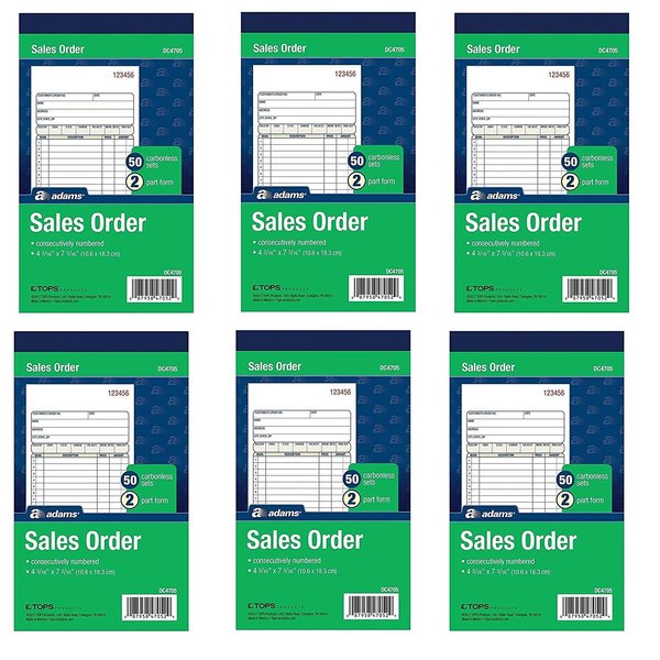 Adams Sales Order Books, 2-Part, Carbonless, White/Canary, 4-3/16 x 7-3/16 Inches, 50 Sets per Book, 6 Books