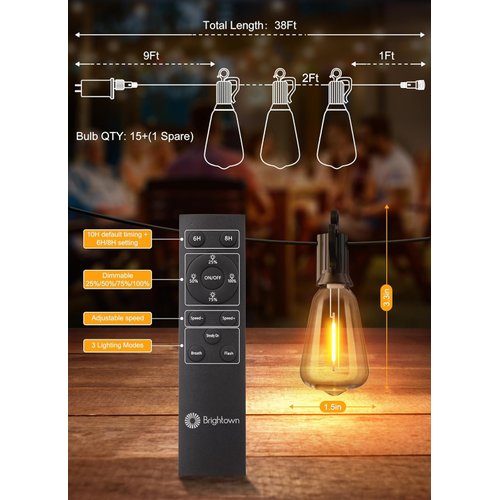 Brightown Outdoor String Lights with Remote, 38FT LED Patio Lights with 16 Shatterproof ST38 LED Bulbs, Waterproof Outside Hanging Lights for Backyard Garden Porch Party Decor, 2700K