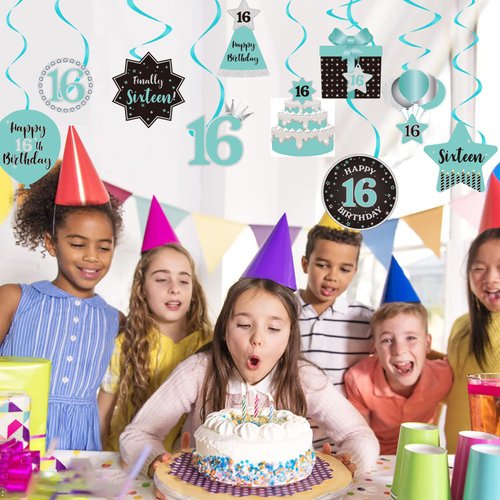 Happy 16th Birthday Party Hanging Swirls Streams Ceiling Decorations, Celebration Sweet 16 Foil Hanging Swirls with Cutouts for 16 Years Teal Silver Black Blue Birthday Party Decorations Supplies