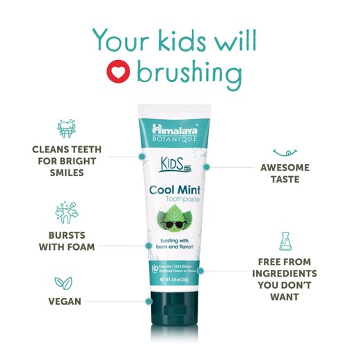 Himalaya Botanique Kids Toothpaste, Herbal, Cool Mint Flavor, Fights Plaque, Fluoride Free, Gentle, No Artificial Flavors or Colors, SLS Free, Gluten Free, Cruelty Free, Vegan, Foaming, 4 Oz, 4 Pack…
