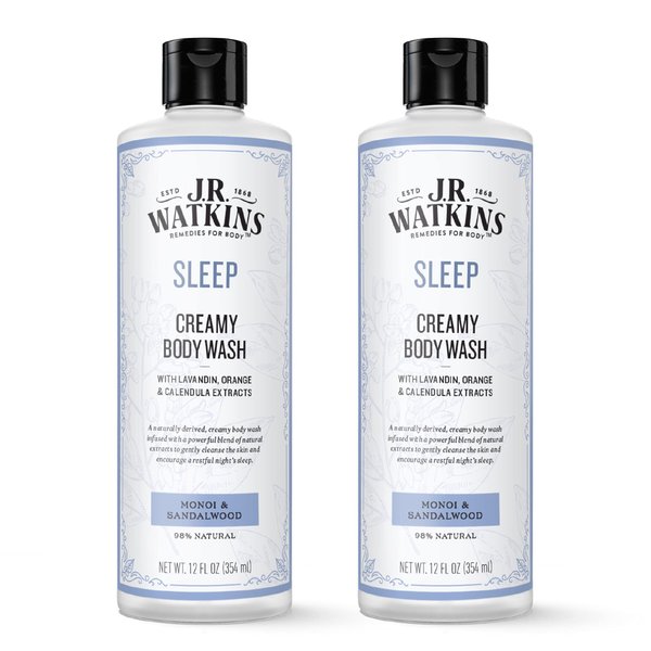 J.R. Watkins Sleep Creamy Moisturizing Body Wash, Cleanses & Encourages Restful Sleep, Natural Monoi & Sandalwood, 12 oz (Pack of 2)