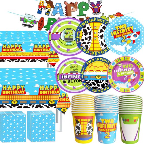 Two Infinity and Beyond Birthday Decorations 133pcs Cartoon Story Birthday Party Supplies include Plates Napkins Cups Tablecloth and Banner for Boys Girls 2nd Bday Decor Serve 30