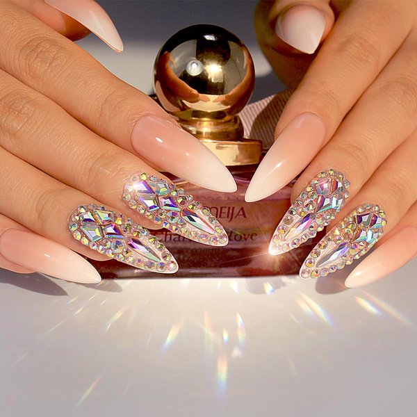 Gufonkod Pink Press On Nails Long Stiletto Extra False Nails with 3d Rhinestones Design Artificial Jewelry Glue on Nails Full Cover Fake Nails Luxury Bridal Wedding Professional Nail Art Salon
