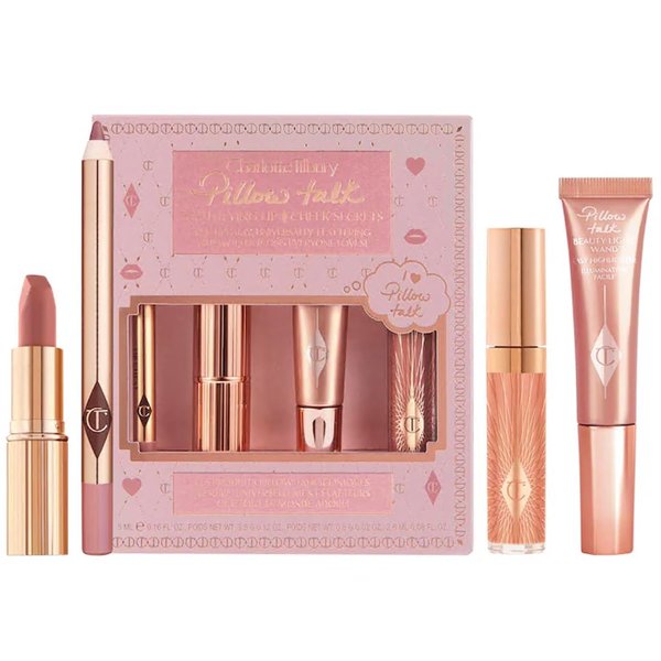 Charlotte Tilbury Pillow Talk Lip Secrets holiday Set - Matte Revolution Lipstick Full Size, Lip Cheat Liner, Collagen Lip Bath Plumper, Jewel Lips Lip Gloss