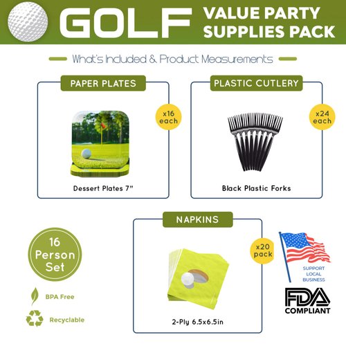 Blue Orchards Golf Value Party Supplies Pack (60 Pieces for 16 Guests) - Golf Party Decorations, Sports Themed Birthday, Golf Ball Plates and Napkins, Golf Themed Party, Masters Golf Party