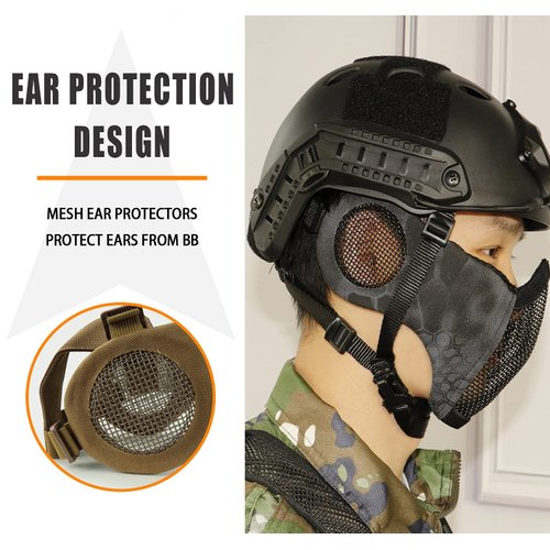 AOUTACC Airsoft Protective Gear Set, Half Face Mesh Mask with Ear Protection and Tactical Goggles for Adult Men Women BBS Paintball Shooting CS Survival Games Cosplay (DD)