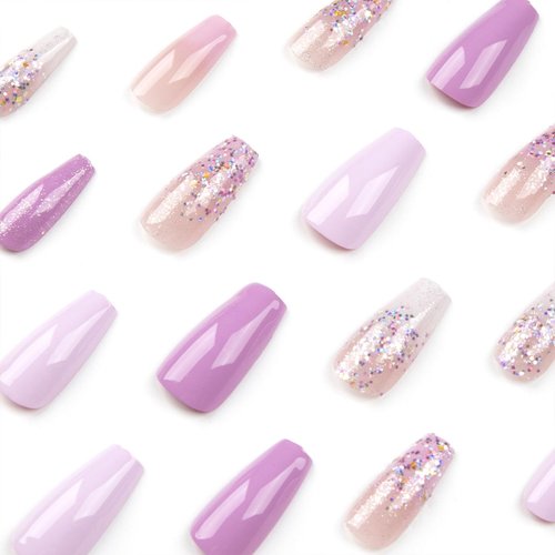 Coffin Press on Nails Medium False Nails with Glitter Designs Gradient Fake Nails Cute Nails Press ons Glossy Glue on Nails Purple Full Cover Acrylic Stick on Nails for Women 24Pcs