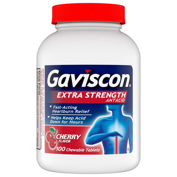 Gaviscon Extra Strength Cherry Chewable Tablet For Fast-Acting Heartburn Relief, 100 Count