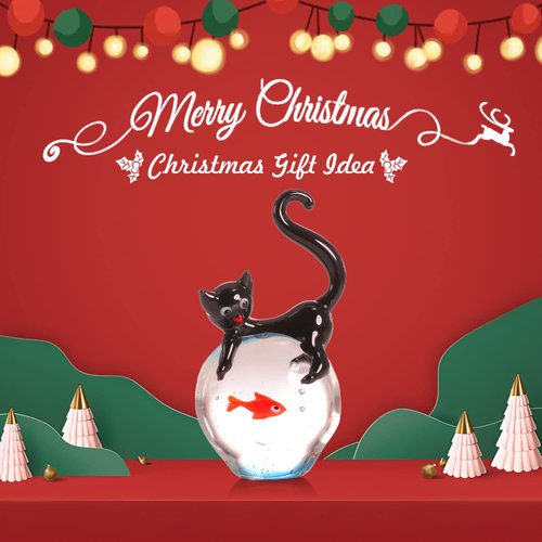 Too-arts Cat and Goldfish Sculpture Glass Ornament Cat Figurine Hand Blown Black & Red