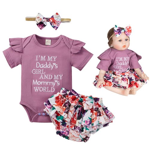 Reborn Doll Clothes 22 inch Baby Girl Outfit Accessories Purple Floral Pattern 3pcs Set for 22-24 Inch Reborn Toddler Doll Newborn