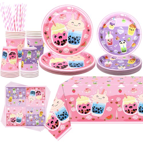 Obussgar Bubble Tea Party Decorations, Milk Tea Party Supplies Includes Plates, Cups, Tissues, Tablecloth, Straws for Girls Birthday Party Decorations (20)