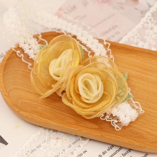 Bethynas Lace Flower Headband for Baby Girls Gauze Floral Elastic Infant Hairband Birthday Party Princess Hair Accessories for Newborn Toddlers (Gold)