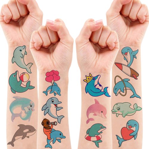 86 PCS 8 Sheet Dolphin Temporary Tattoos Sticker for Kids Cute Sea Animal Fish Dolphin Birthday Party Decorations Supplies Favors Gifts Boys Girls Baby Shower Cute Tattoo School Reward Themed