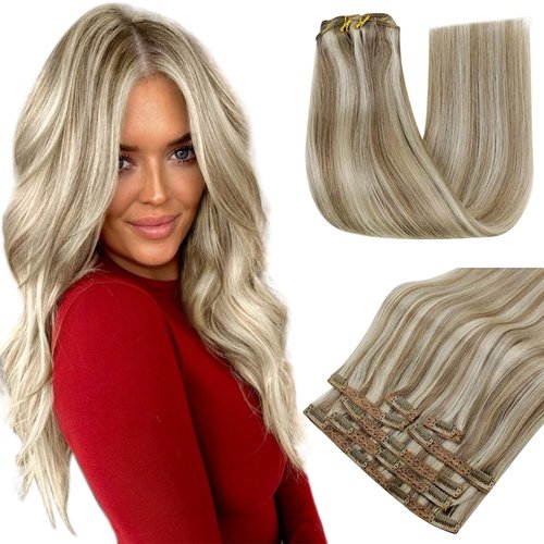 RUNATURE Clip in Real Human Hair Extensions 16 Inch Ash Brown Highlight Platinum Blonde Real Clip in Hair Extensions Natural Brazilian Straight Remy Hair 120g 7pcs