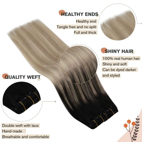 Ugeat Clip in Hair Extensions Balayage Remy Hair Extensions Clip in Human Hair Ombre Black to Ash Blonde with Blonde Double Weft Human Hair Clip in Extensions 14 Inch 7pcs