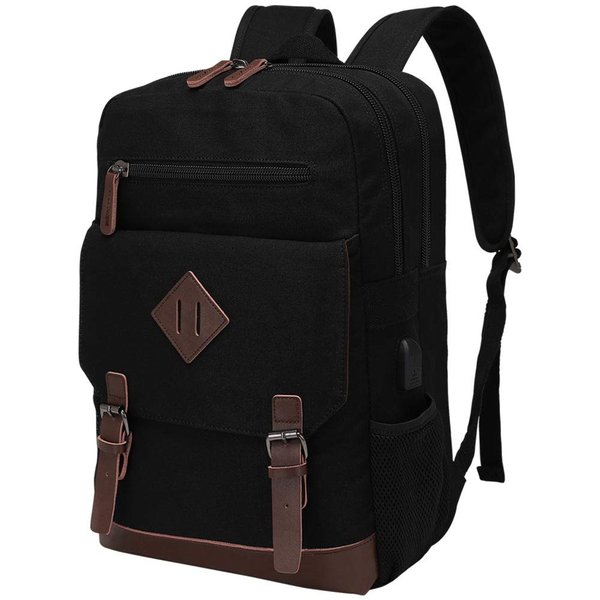 Canvas Backpack for Men Women, Vintage Rucksack Fits Most 15.6 Inch Laptop, Bookbag with USB Charging Port, Black