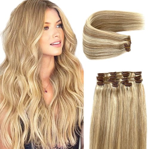 Hair Extensions Real Human Hair Clip in Blonde Highlights Clip in Hair Extensions Soft Straight Beige Blonde Balayage Platinum Blonde Remy Hair Extensions Clip ins Seamless 14 Inch 7pcs 70g